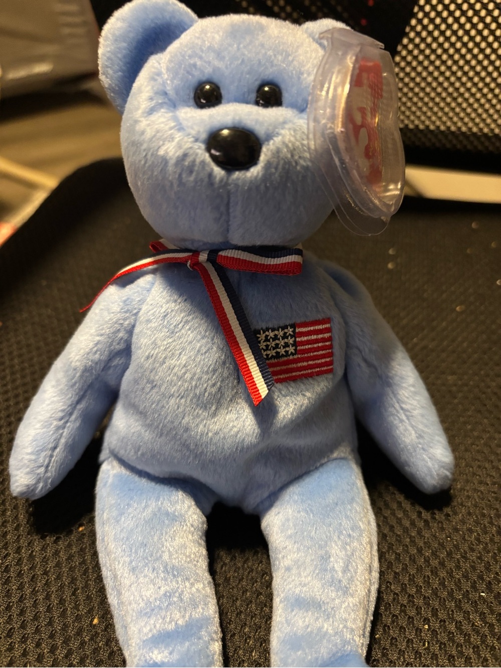 Blue Plush Teddy Bear with Patriotic Flag Patch and Ribbon